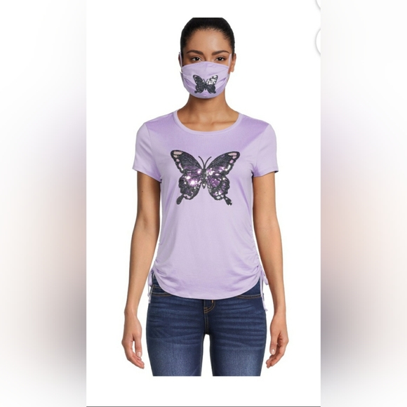 No Boundaries Juniors' Ruched Side T-Shirt with Face Mask - Picture 1 of 8